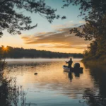 Bass fishing at sunrise: An angler casts a line from a boat on a serene lake. Discover beginner tips in our ultimate guide.